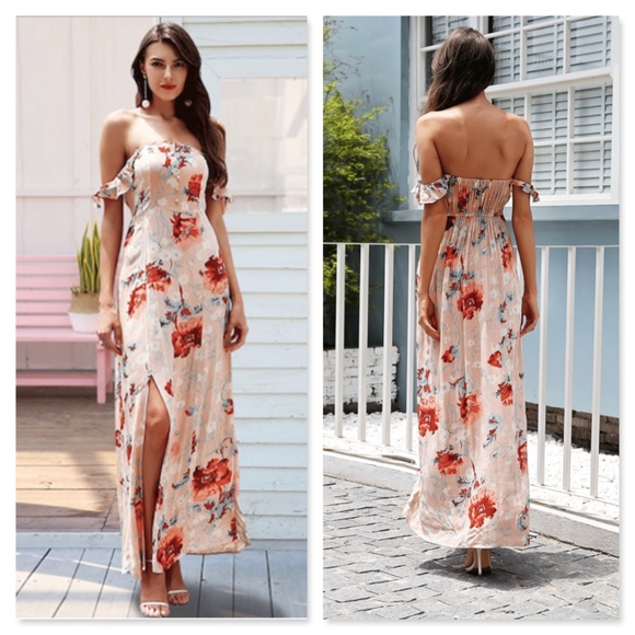Rouge! Dresses & Skirts - Boho Floral Off Shoulder Maxi High Slit Dress